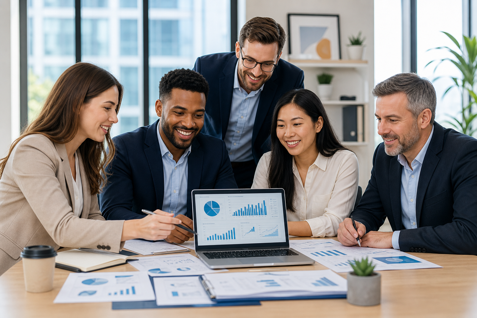 Diverse team of modern accounting consultants in a bright office reviewing financial dashboards together