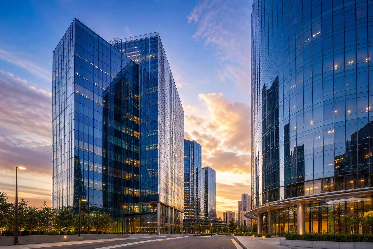 Wide-angle professional city financial district at golden hour with modern glass office towers, clean architectural lines, and a confident corporate atmosphere