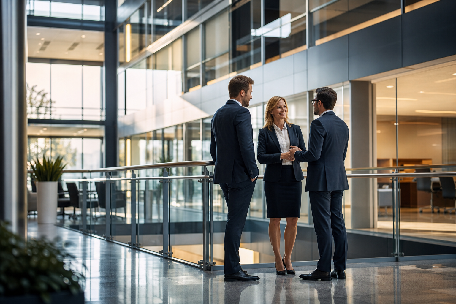Contemporary corporate office atrium with glass architecture and professionals in discussion