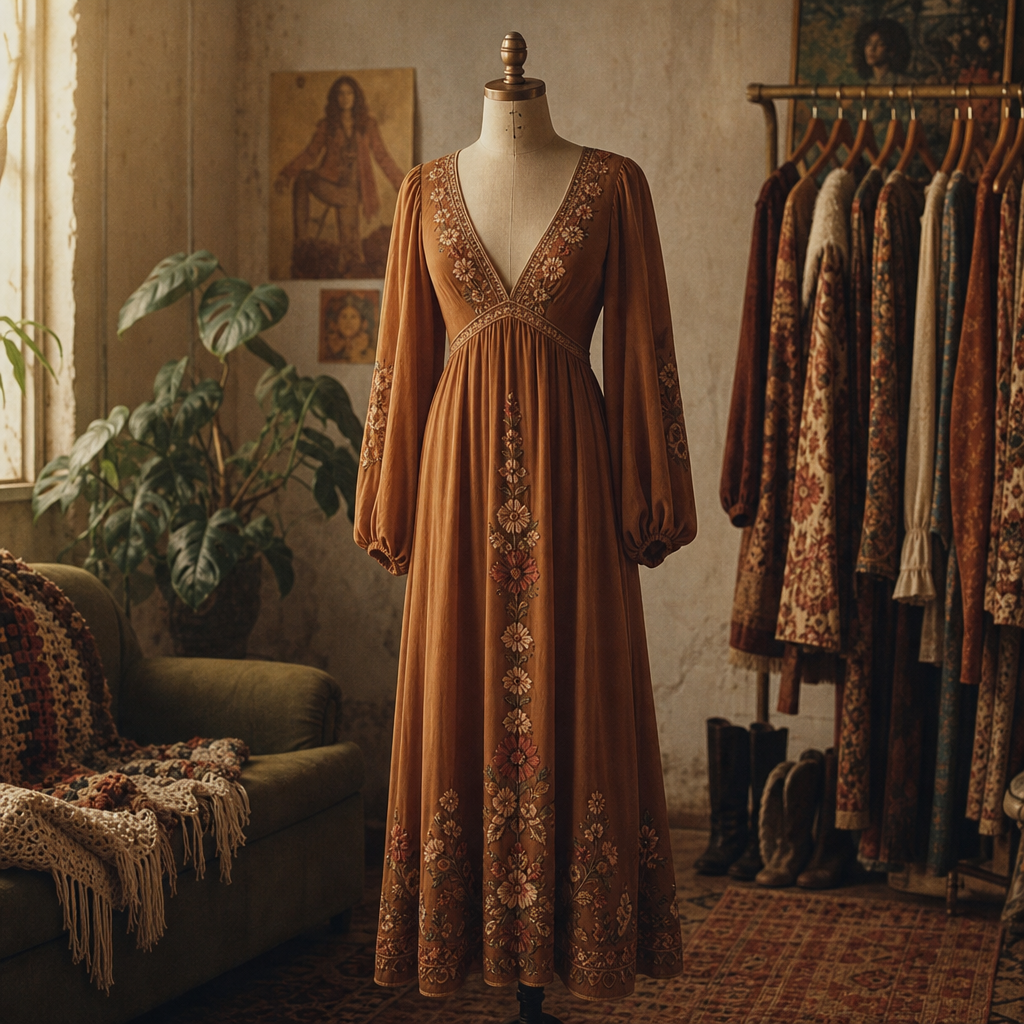 Elegant 1970s maxi dress in earthy tones with delicate embroidery on a dress form