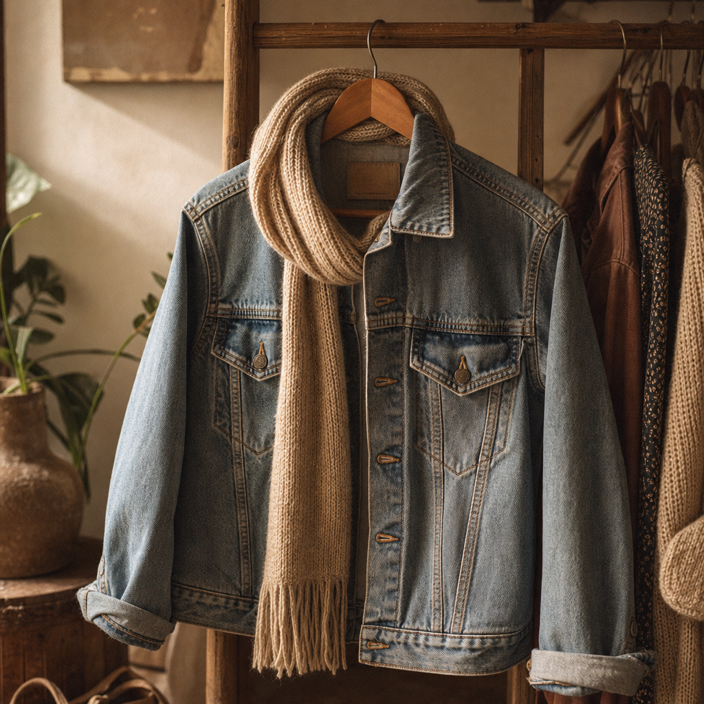 Warm neutral vintage denim jacket hanging on a wooden rack with a soft knit scarf
