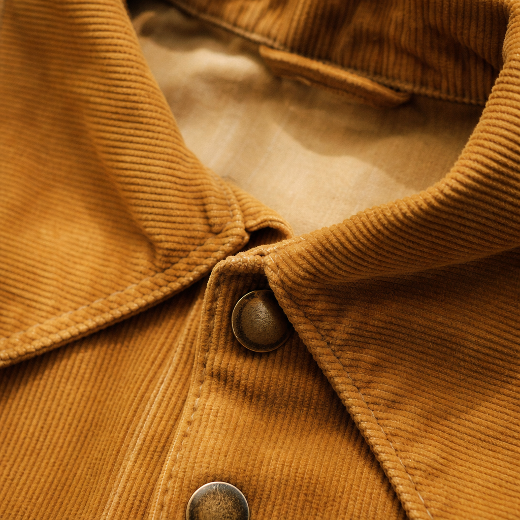 Close-up of a mustard corduroy collar with vintage stitching and brass buttons