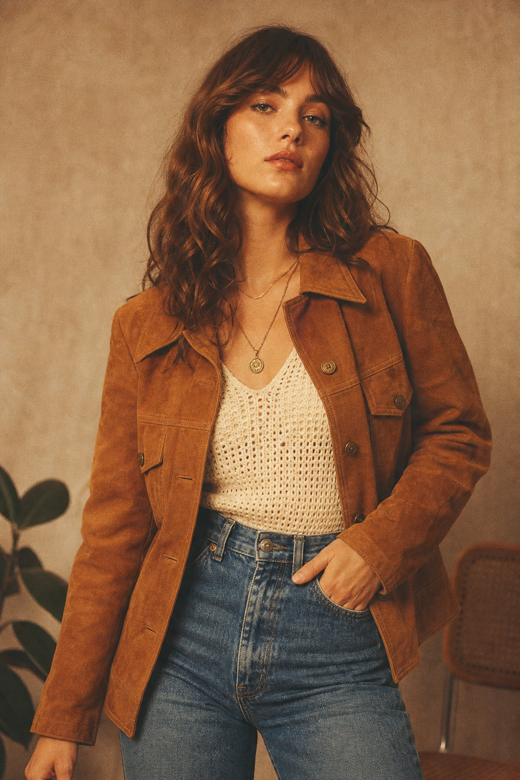 Vintage model wearing a caramel suede jacket and high-waist denim in a softly lit studio