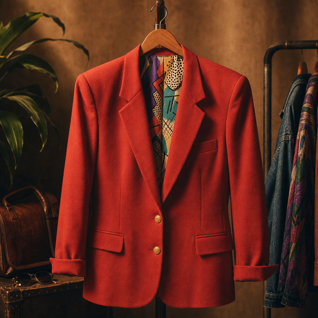 Vibrant 1980s blazer with strong shoulders and patterned lining on a hanger
