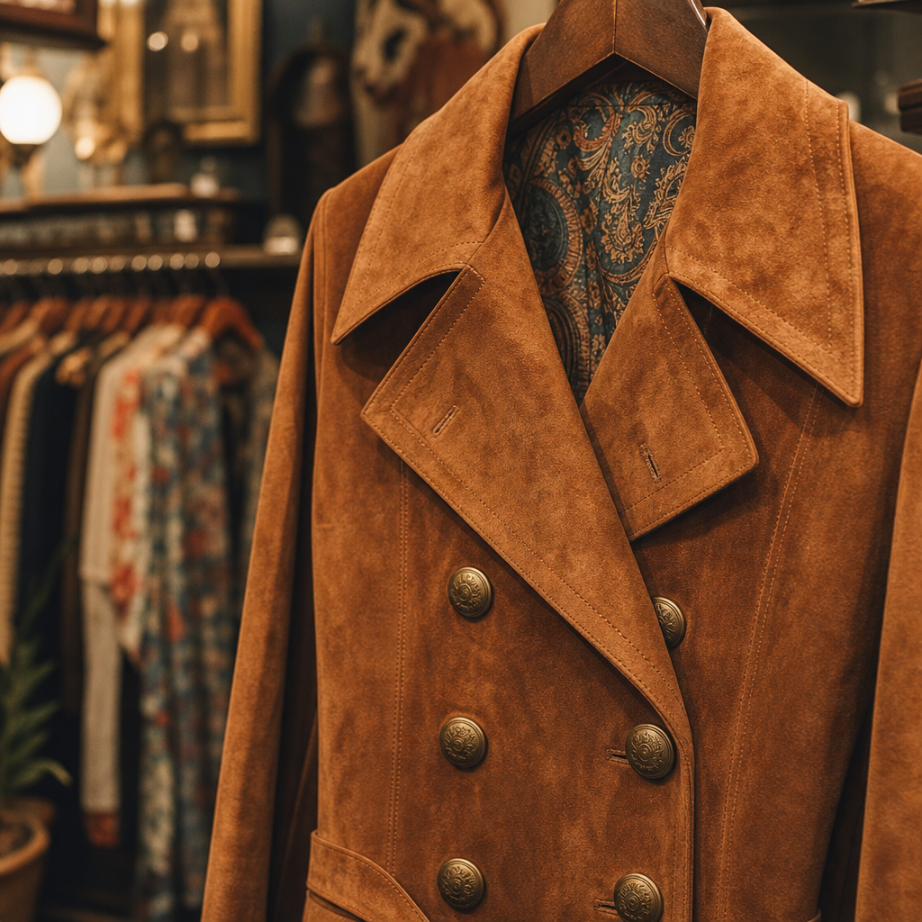 Close-up of a caramel suede statement coat with oversized lapels and vintage brass buttons