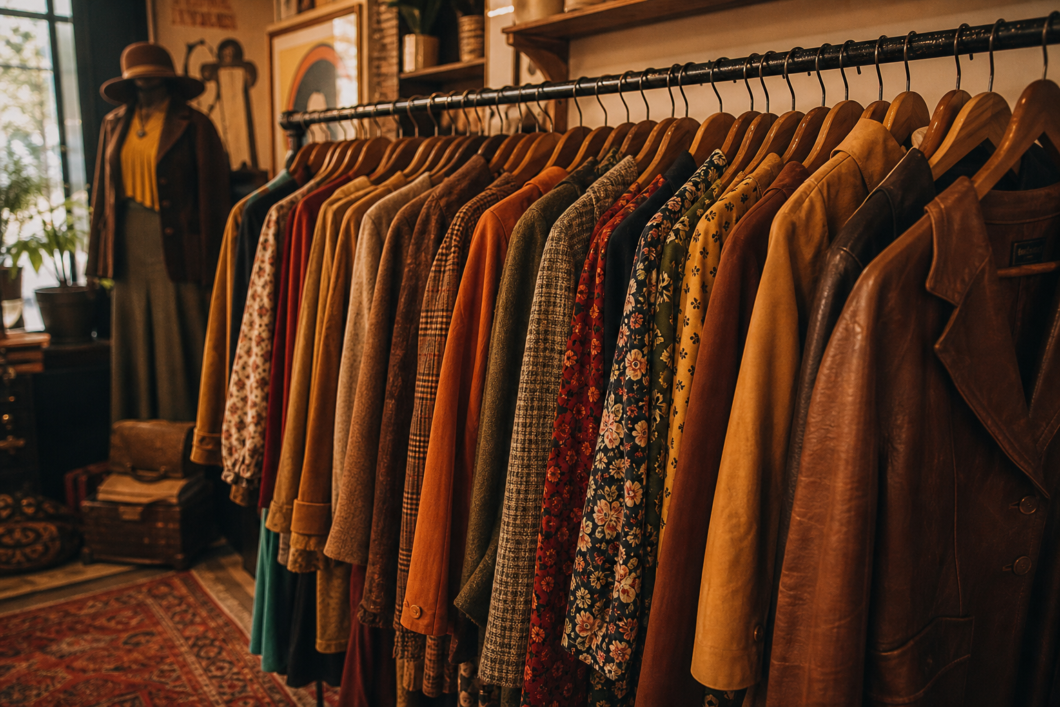 Curated rack of 70s and 80s vintage jackets and dresses in warm boutique lighting