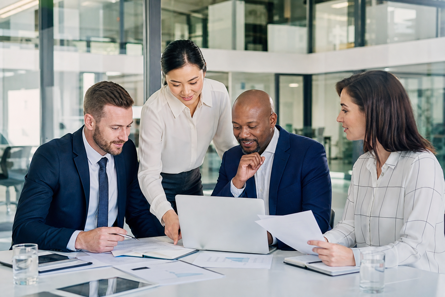Polished business team collaborating in a modern office meeting space