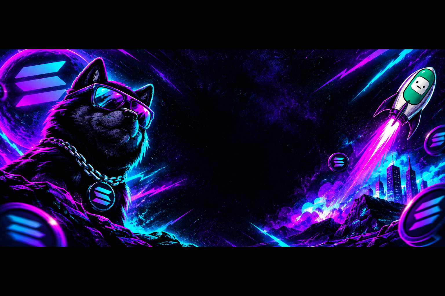 Ultra-wide Black Inu campaign banner with neon Solana meme energy and open center space for future launch messaging