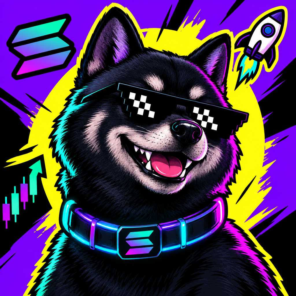 Chaotic black Shiba Inu meme character with pixel sunglasses, a neon Solana collar, and a mischievous grin