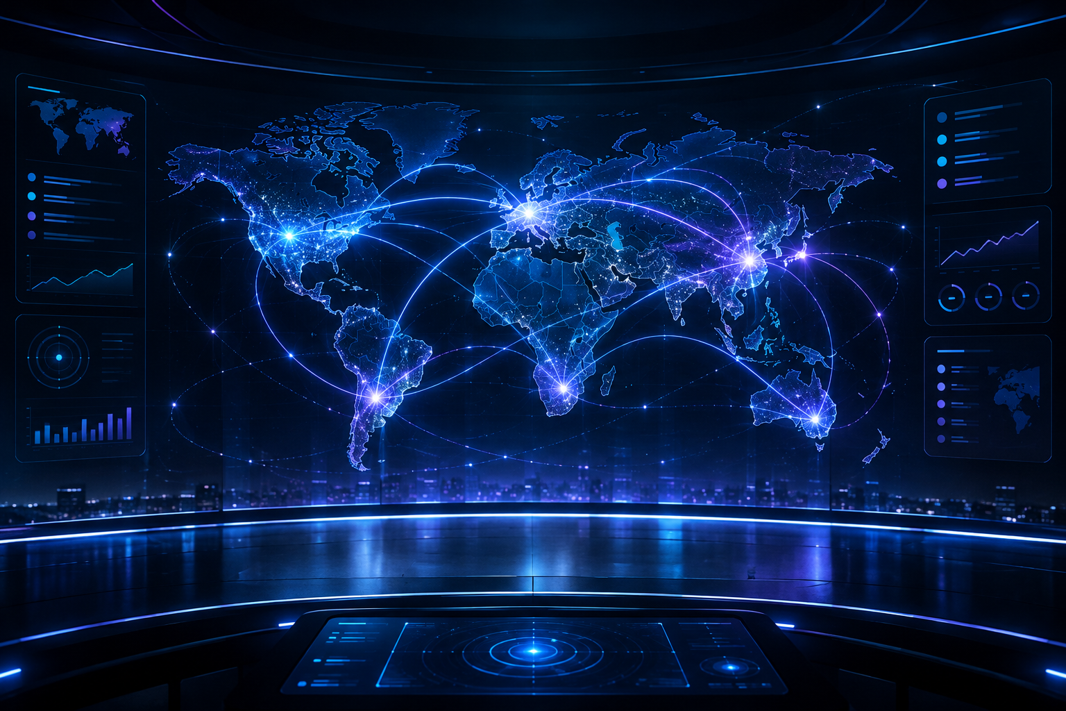 Premium futuristic world map interface with luminous transfer arcs connecting global regions