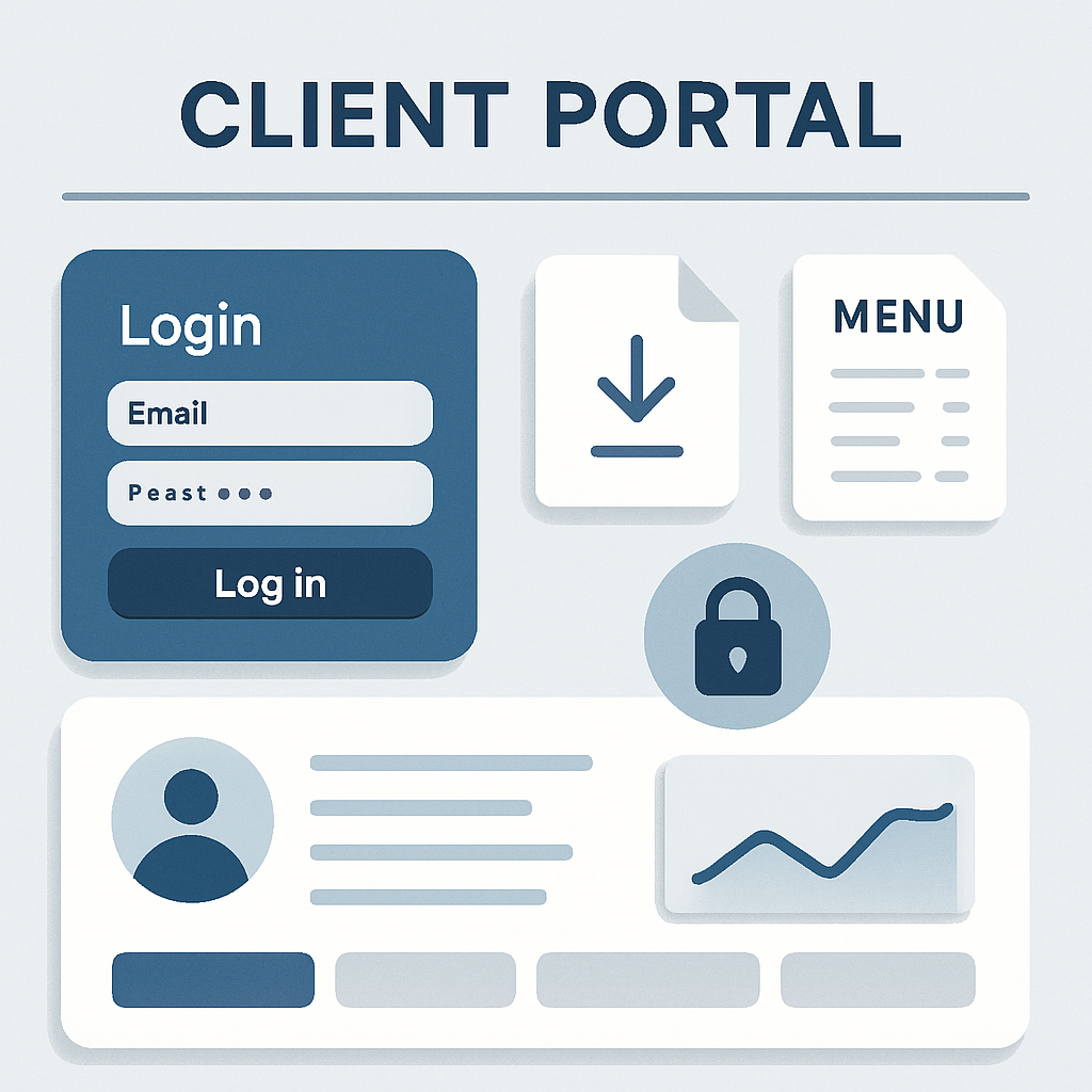 Illustration of a secure client portal interface with user-friendly document upload and download features, lock icons, and a modern, trustworthy look