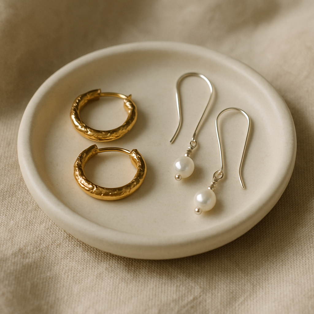 Artisan gold hoop and drop earrings on a ceramic dish