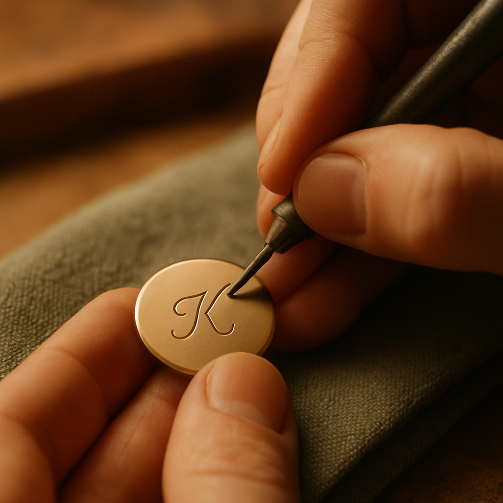 Close-up of a hand engraving initials onto a small gold pendant