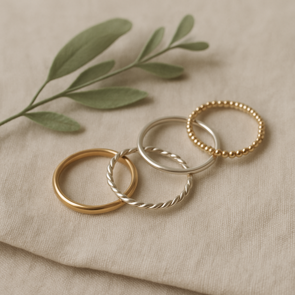 Delicate handmade silver and gold rings arranged on a linen cloth