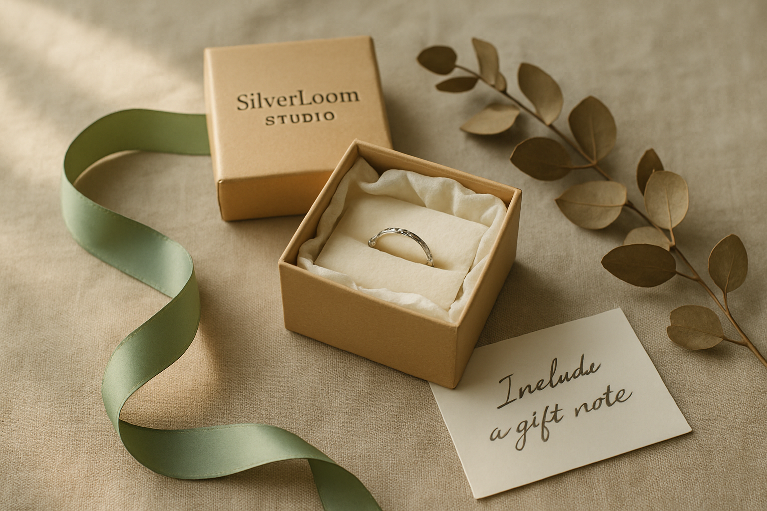 Elegant jewelry gift box with tissue paper and ribbon on a linen surface