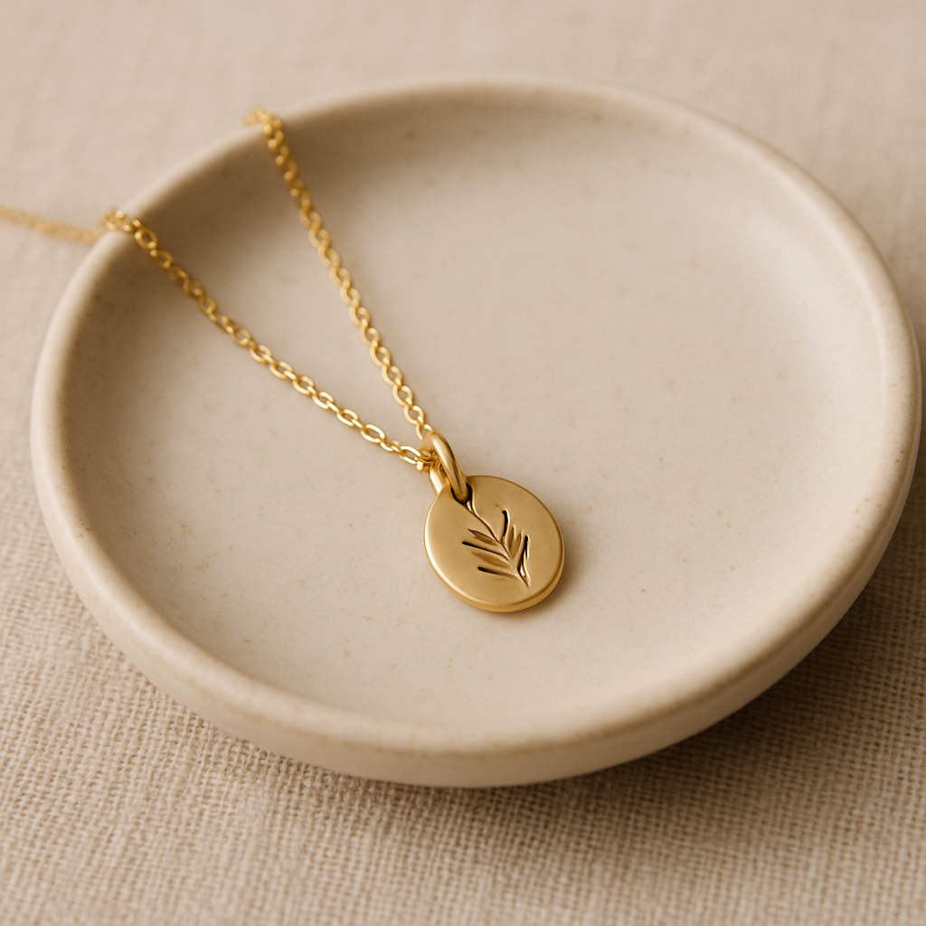 Gold pendant necklace with a tiny leaf charm resting on a cream ceramic dish