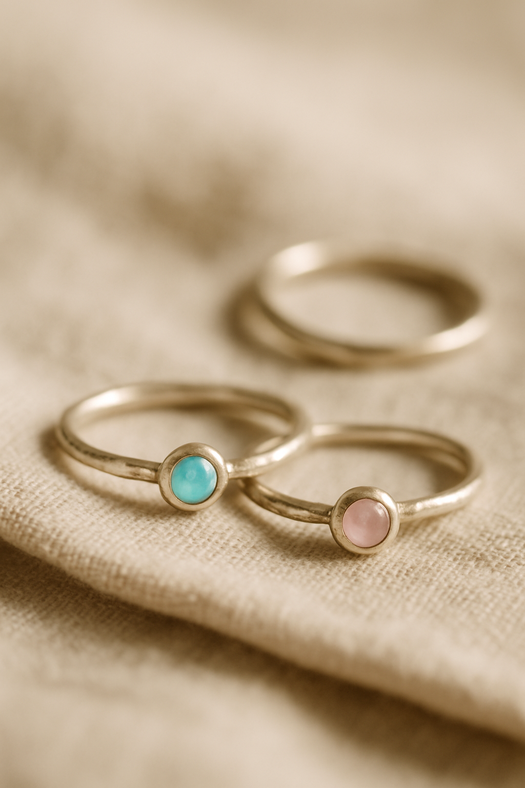 Delicate handmade silver rings with gemstone accents displayed on a soft linen surface