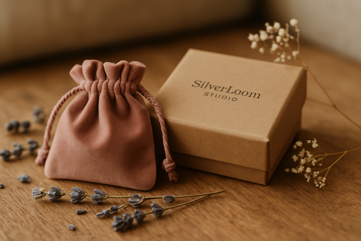 Close-up of a small velvet pouch and branded kraft box with dried flowers