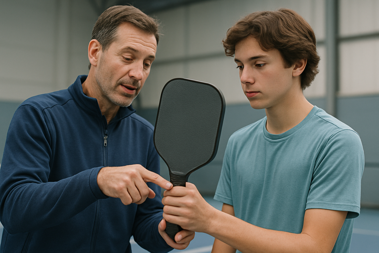 Coach demonstrating technique to a young athlete on court