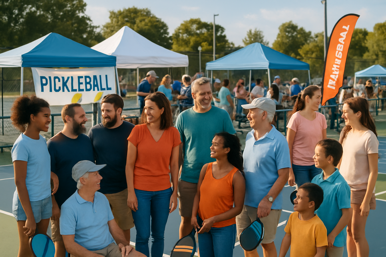 Community pickleball event with families gathered outdoors