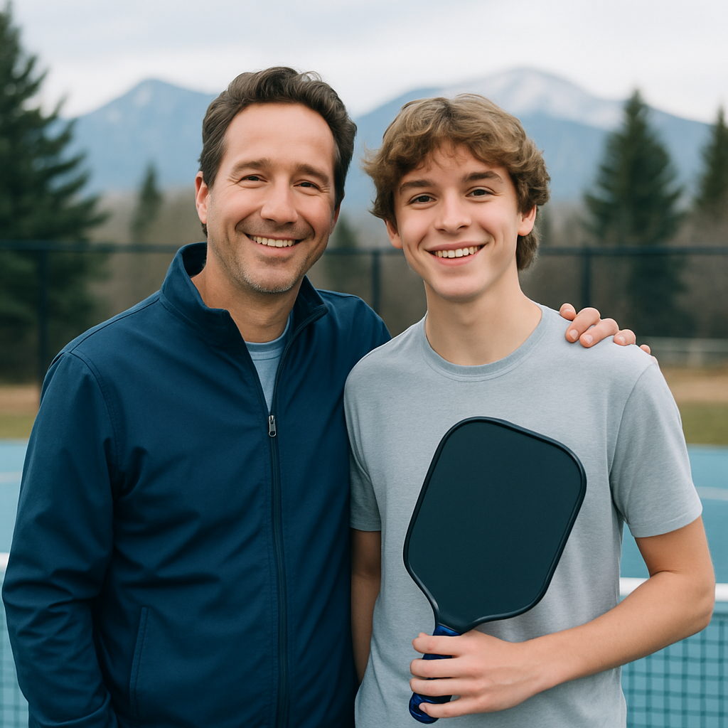 Smiling parent with a teenage pickleball player wearing a navy jacket