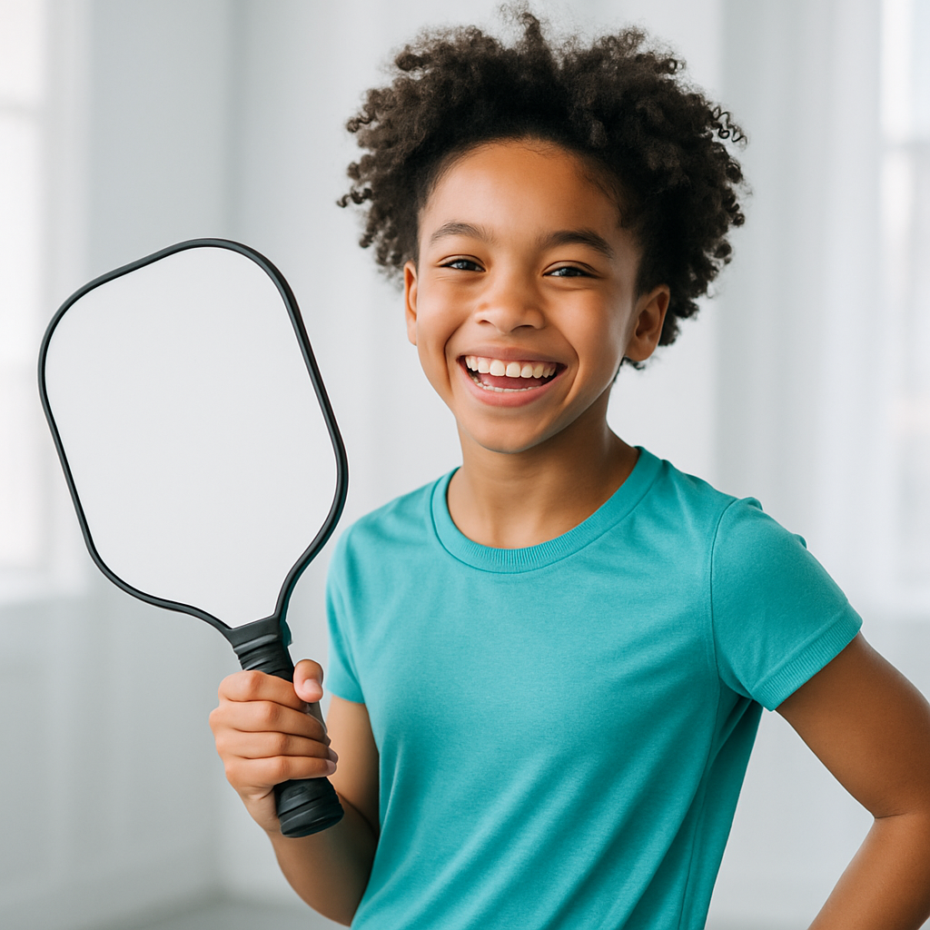 Middle school student holding a pickleball paddle with a bright smile