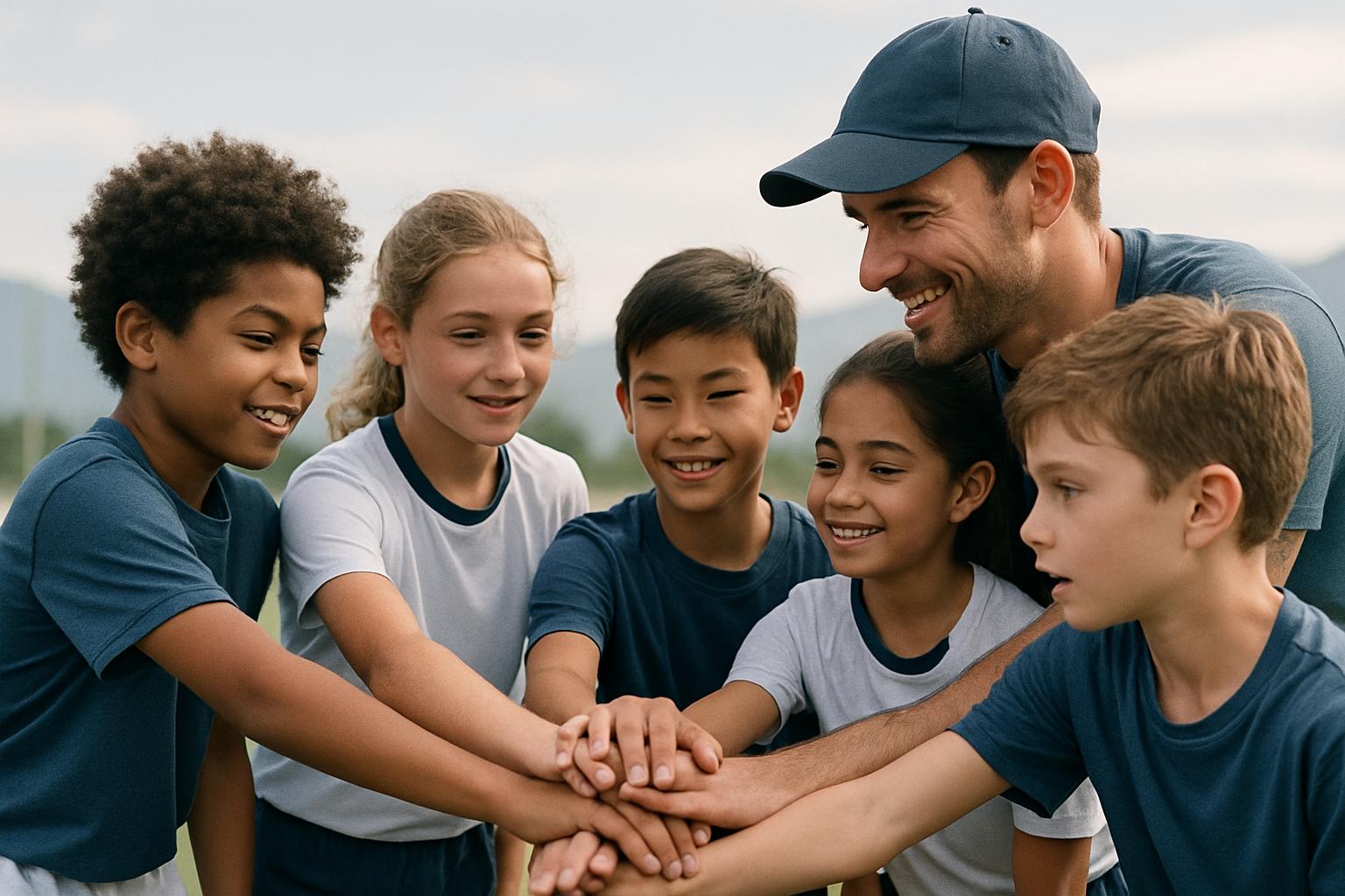 Youth team huddle with coaches encouraging players
