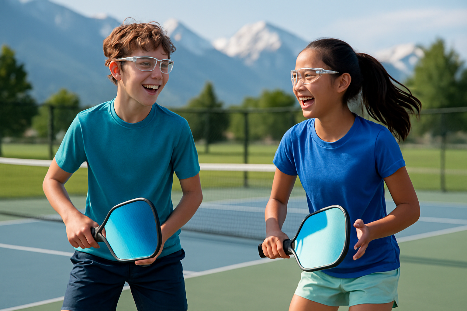 Youth players practicing pickleball with paddles and safety gear
