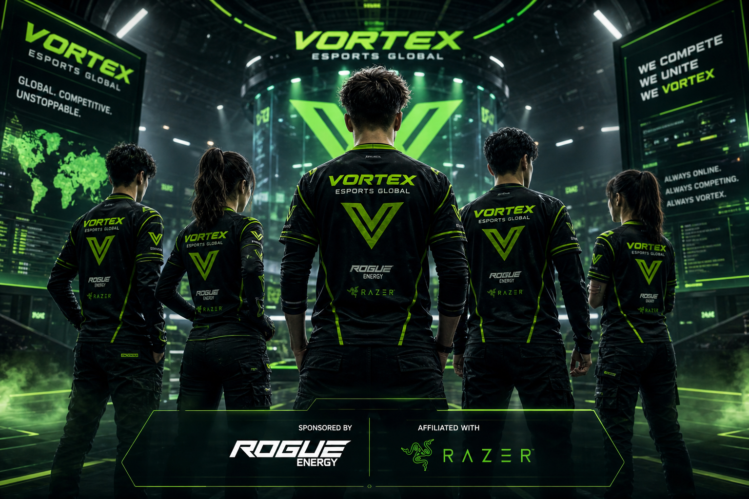 Esports team in neon green and black gear standing under futuristic arena lighting