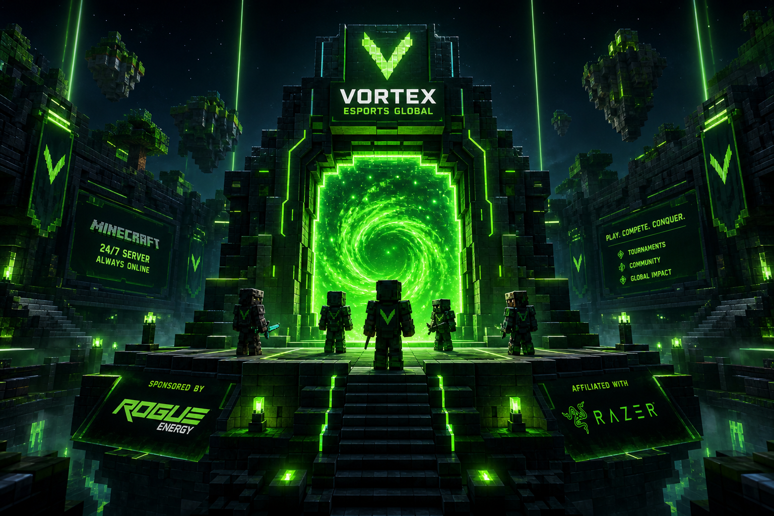 Futuristic Minecraft arena at night with neon green lighting, glowing portal, and silhouetted players gathering on a floating platform