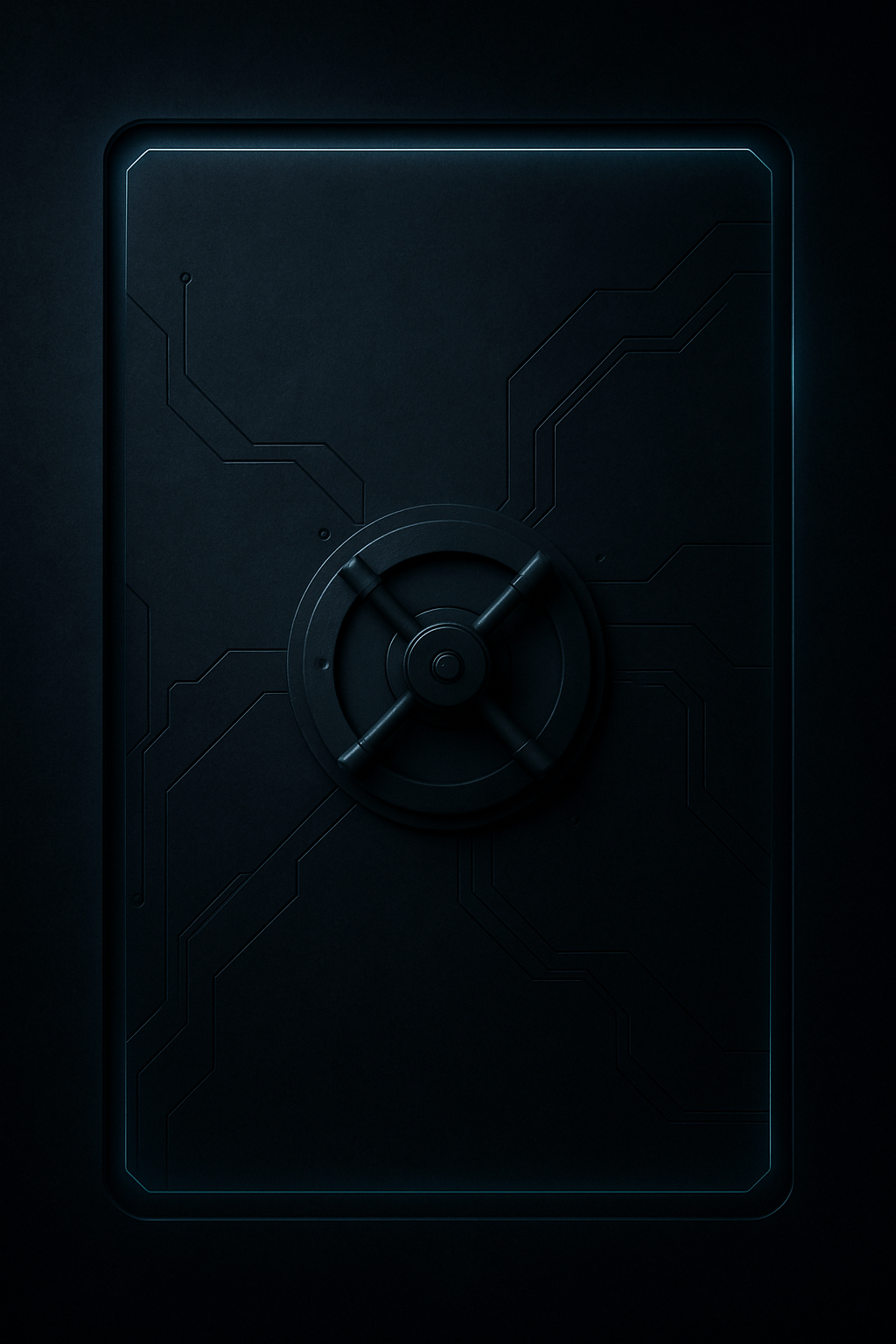 Dark matte vault panel with subtle circuit lines and faint blue glow, moody and minimal