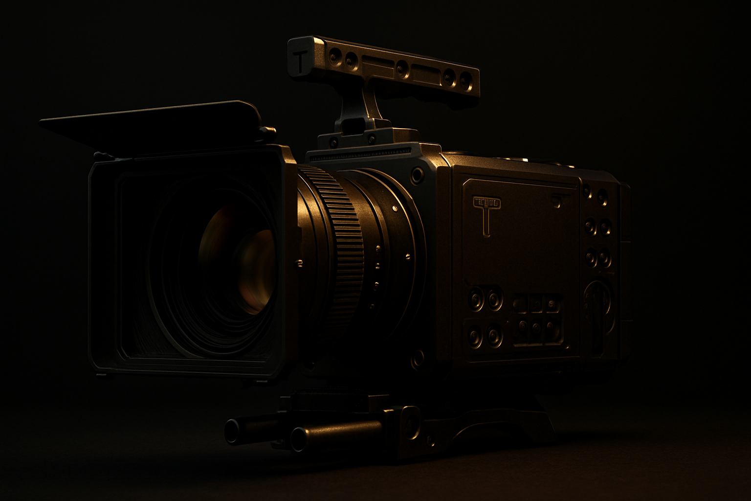 Modern cinema camera with a wide lens and matte box, lit with a soft gold glow