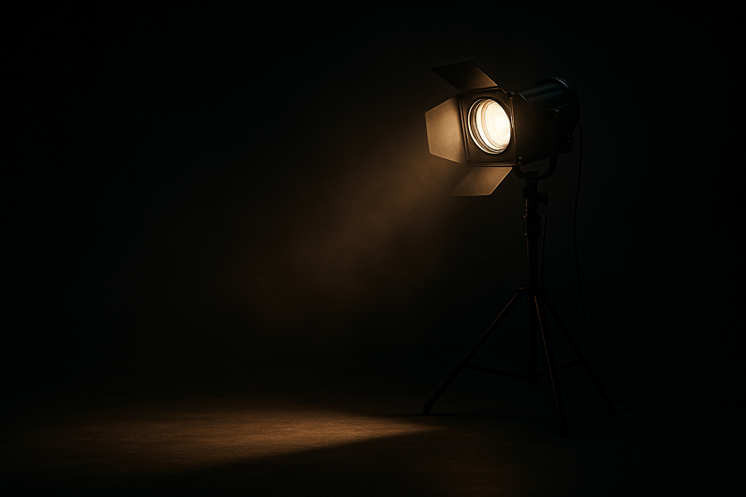Industrial lighting rig with barn doors casting a narrow beam across a dark studio floor