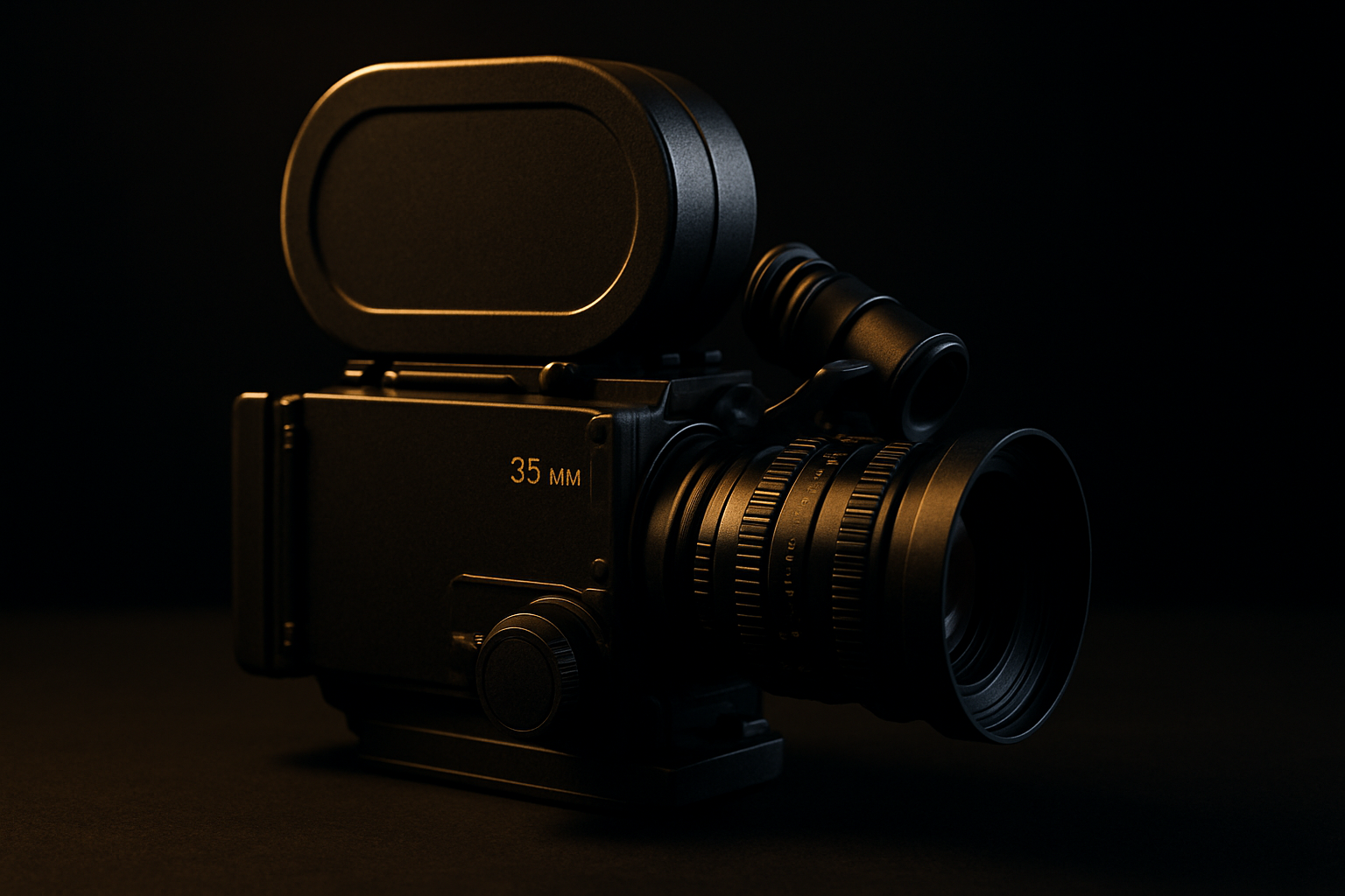 Cinematic 35mm film camera on a matte black studio table with soft gold rim lighting