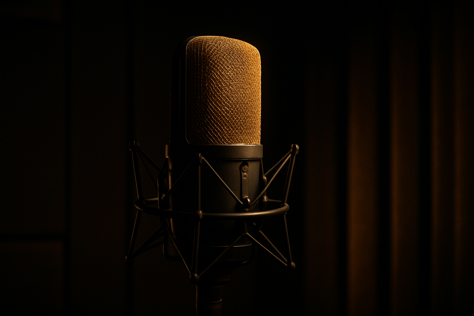 Vintage studio microphone with a gold mesh grille in a dimly lit recording booth