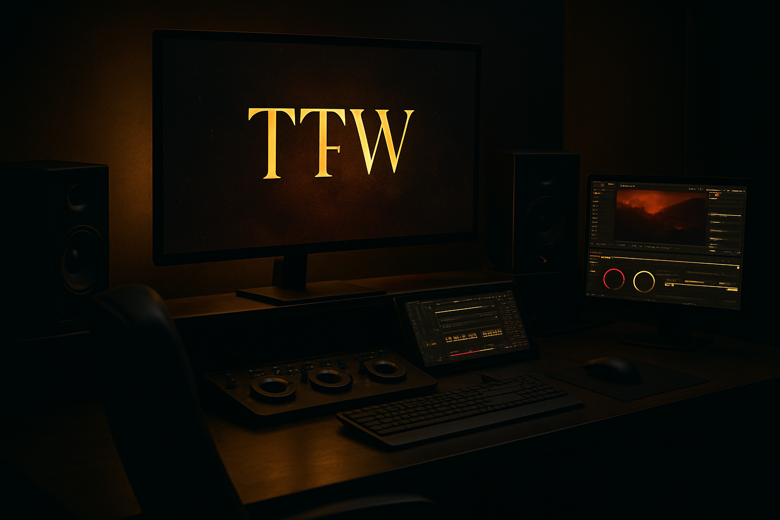 Dark post-production studio with dual editing monitors glowing in gold and red tones