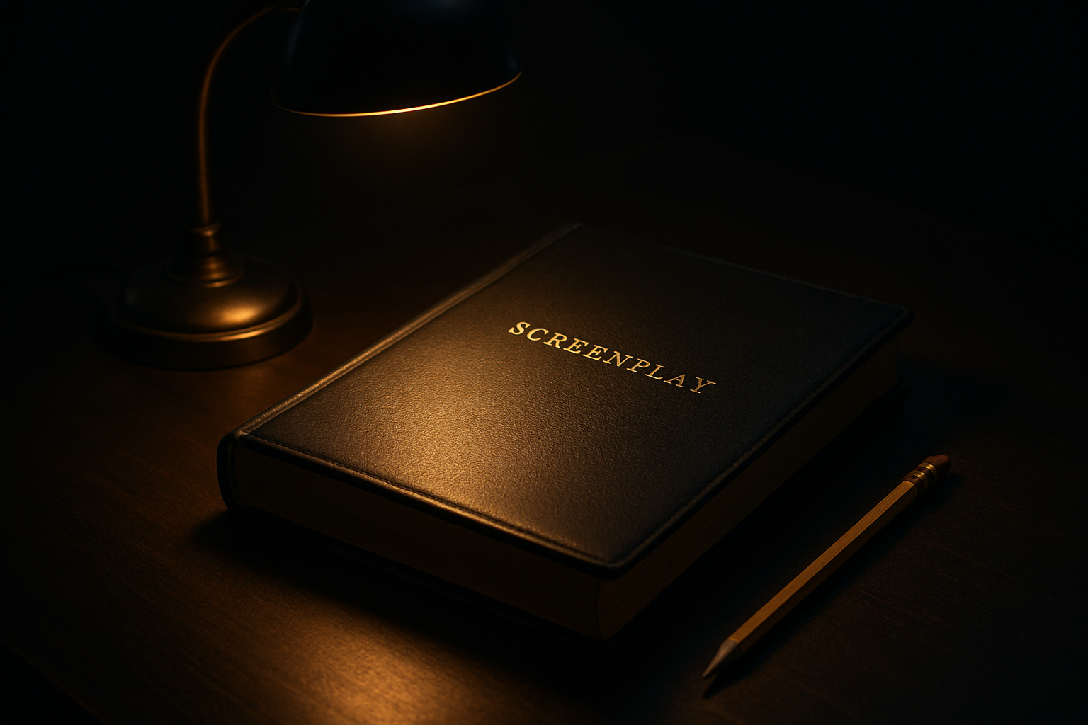 Leather-bound screenplay and pencil on a dark producer desk with cinematic desk lamp