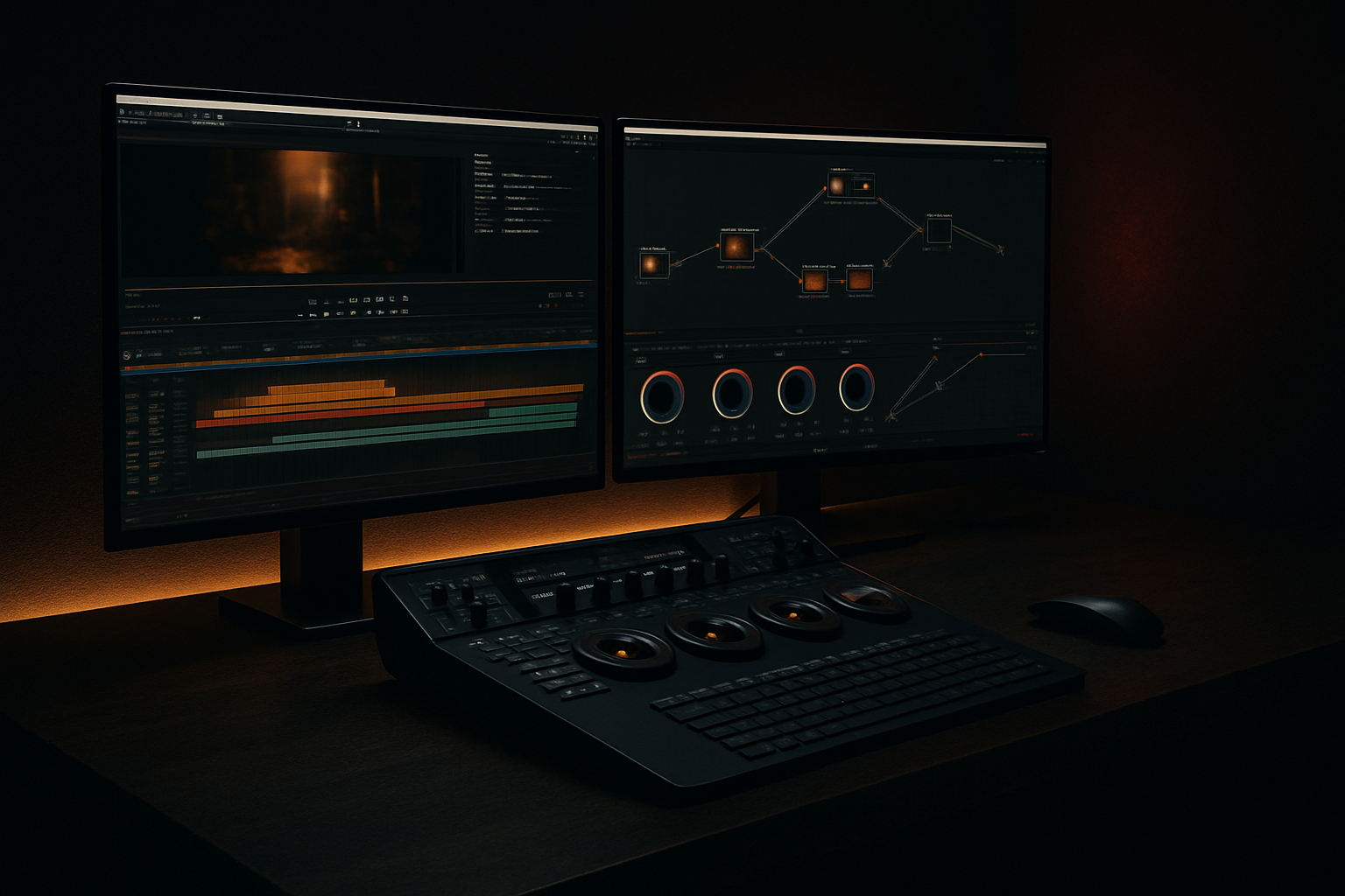 Cinematic editing bay with dual monitors, color grading timeline, and warm gold accent lighting