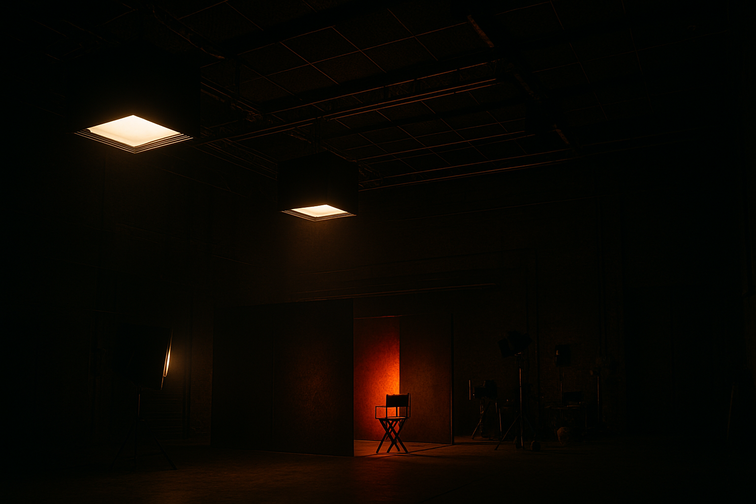 Wide view of a sound stage with overhead studio lights, acoustic panels, and a dramatic red-gold glow