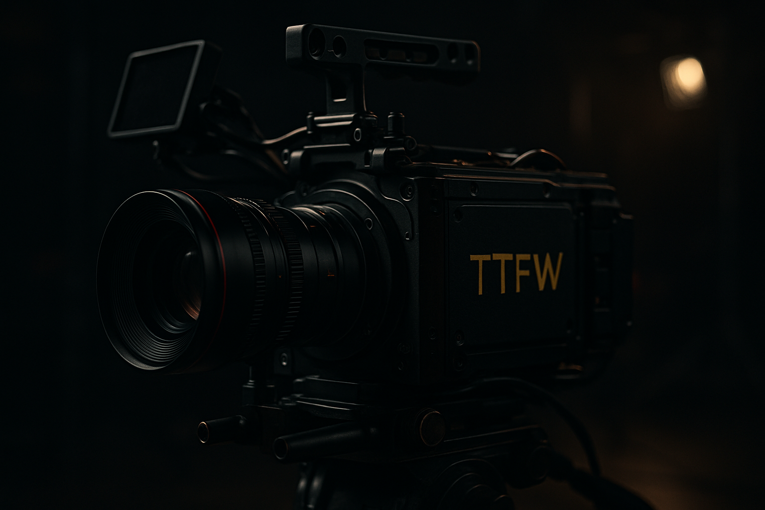 Moody close-up of a cinema camera rig on a dimly lit studio set with soft gold highlights