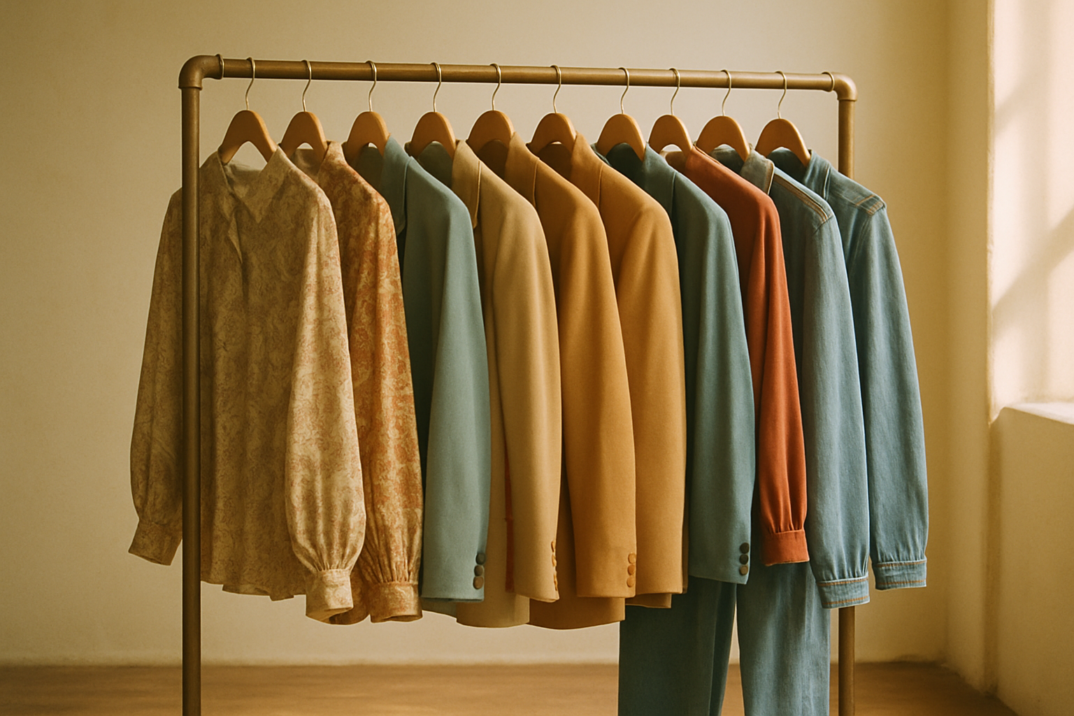Warm film photo of a curated vintage clothing rack with 70s and 80s pieces
