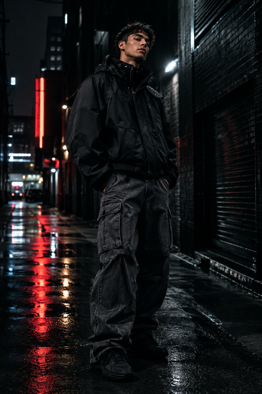Nighttime editorial streetwear portrait with a model in a structured black jacket, dramatic side lighting, and a gritty urban backdrop