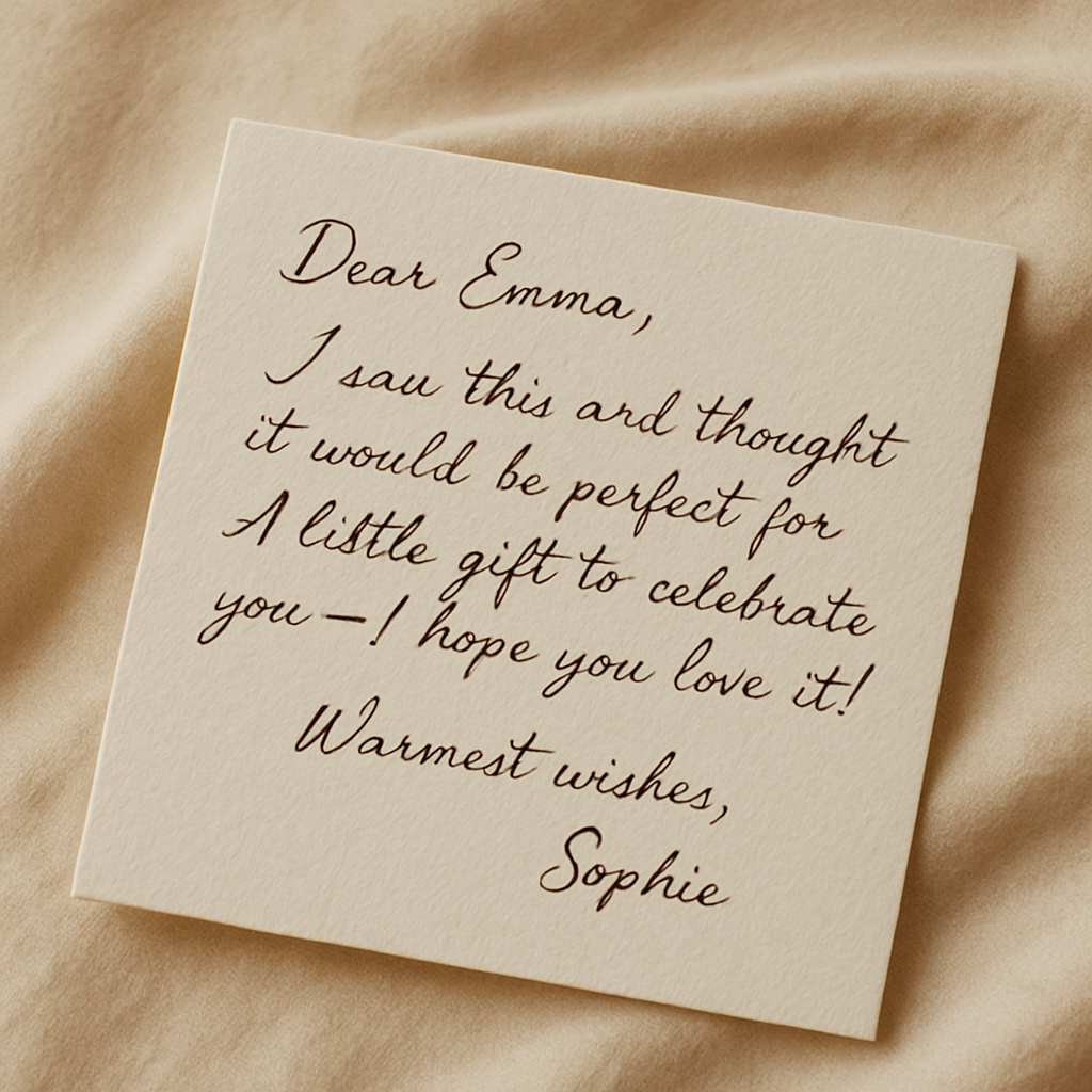Handwritten personalized gift note on cream textured cardstock with elegant script