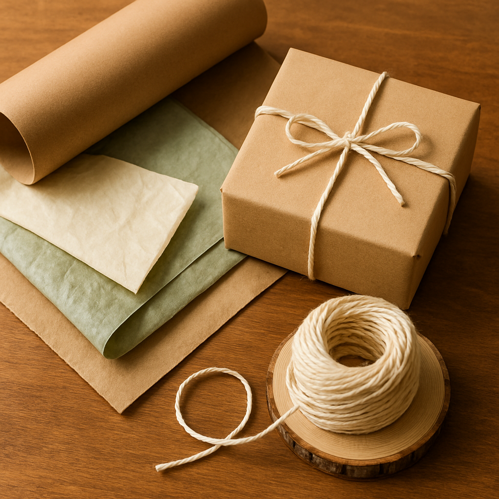 Eco-conscious kraft paper, organic tissue, and natural twine packaging materials in warm neutral tones