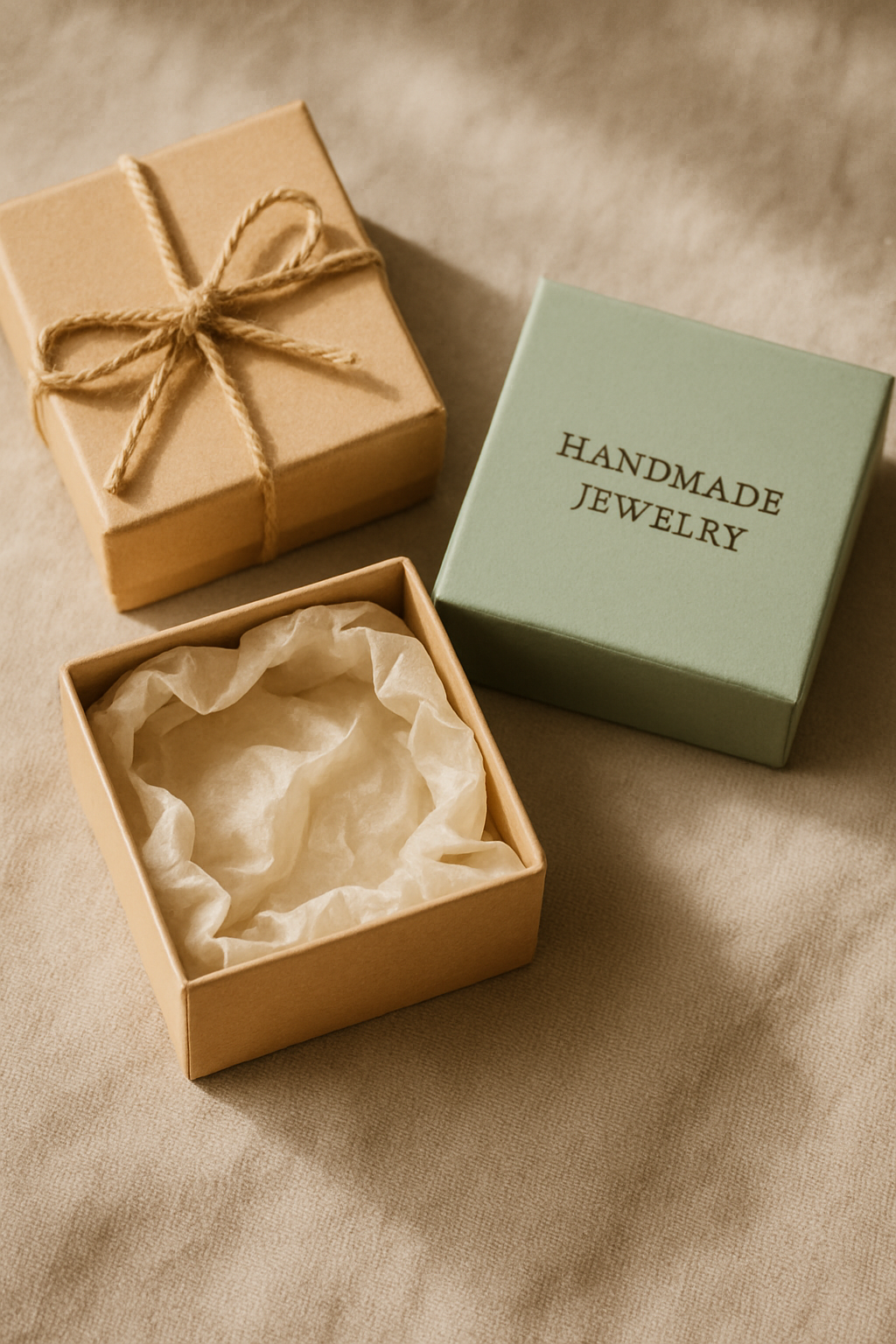 Beautifully packaged handmade jewelry box with sage green wrapping and natural twine