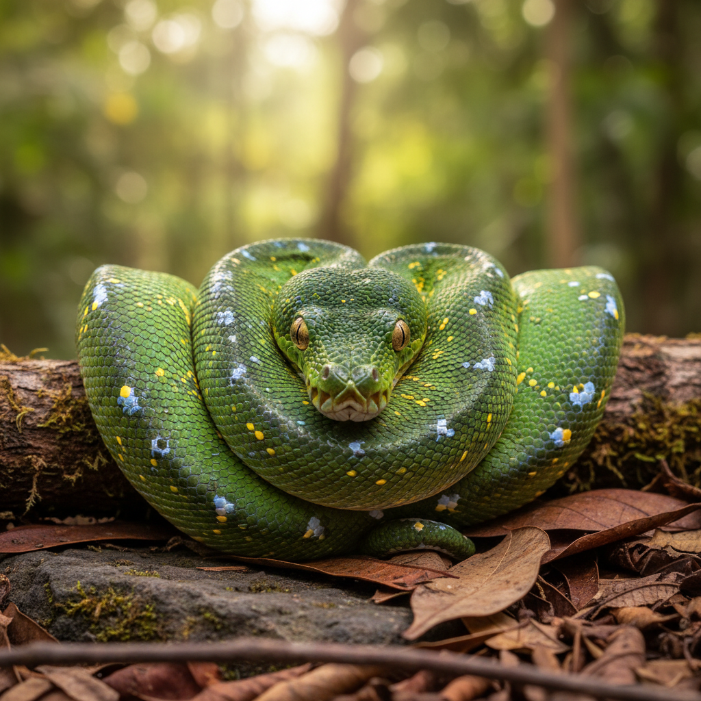 A realistic photo of a snake, coiled and resting on a natural surface, showing its scales and patterns clearly.