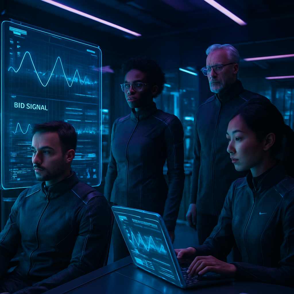 Scientists monitoring biosignal data in a futuristic lab