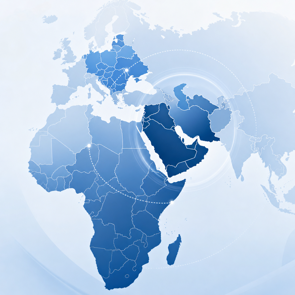 Abstract dotted world map highlighting Central Europe, the Middle East, and Africa with elegant curved connection lines