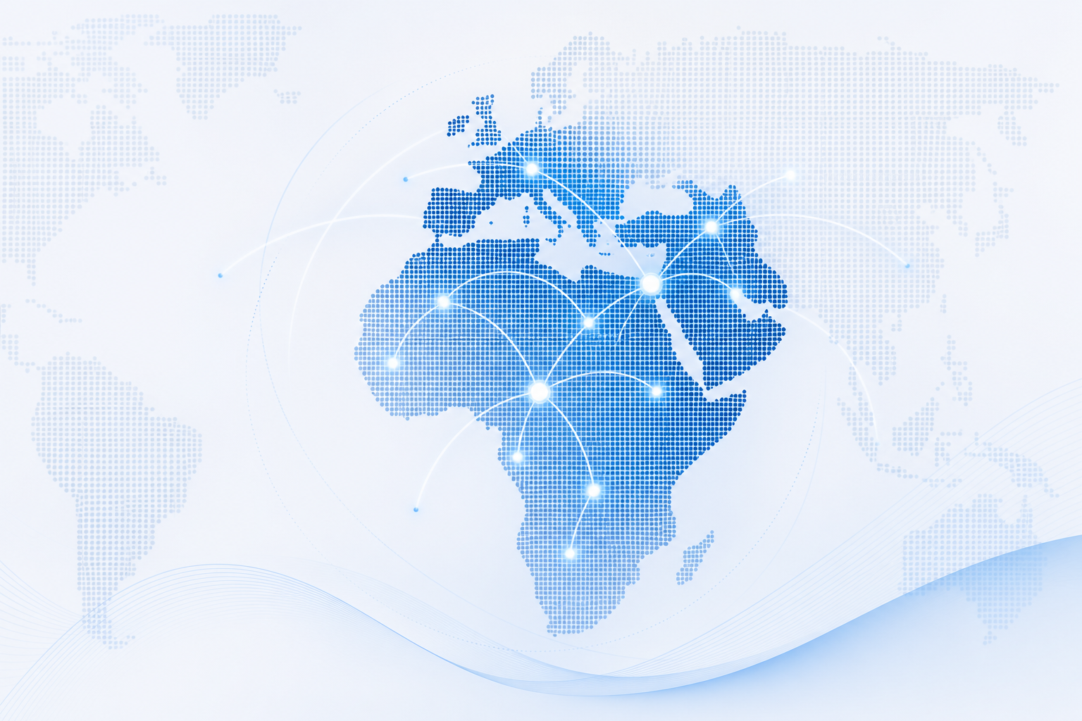 Abstract dotted world map highlighting Central Europe, the Middle East, and Africa with elegant curved connection lines