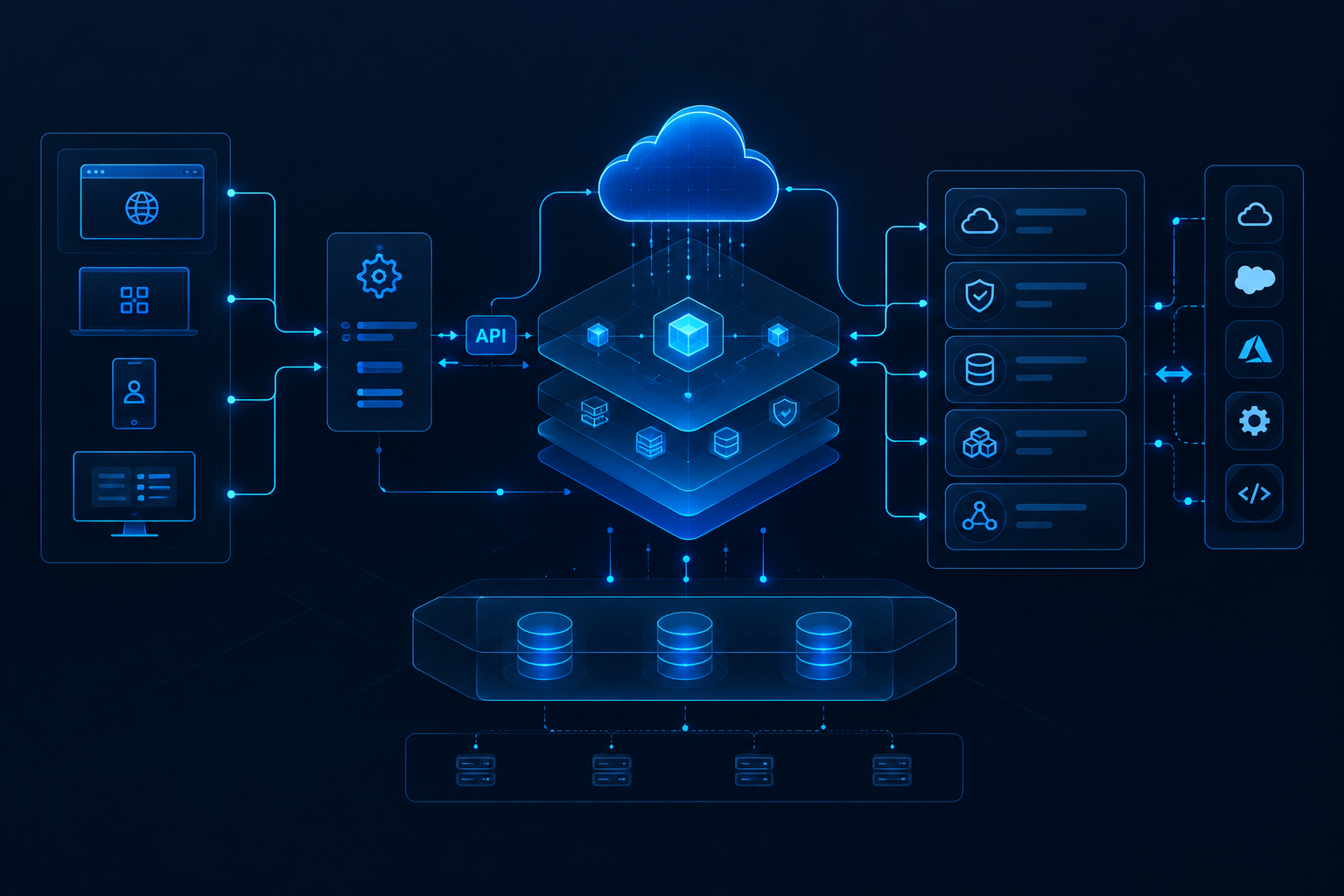 Abstract enterprise cloud and portal systems diagram with connected nodes, layered data flows, and modular infrastructure panels in a refined dark interface style